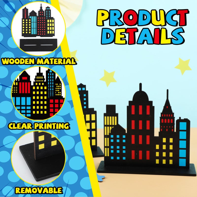 Oitnlaughter 6Pcs Hero Theme Party Decorations Skyscraper Wooden Centerpieces Colorful City Skyline Buildings Silhouette Table Decorations Sign Hero Cityscape Desk Decor for Comic Birthday Baby Shower Supplies - Image 3