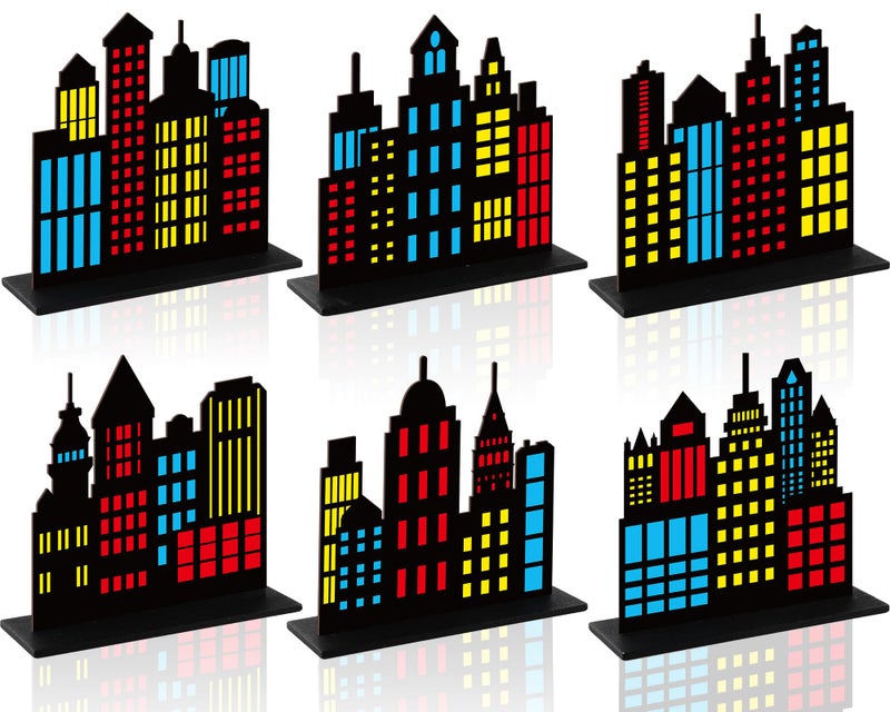 Oitnlaughter 6Pcs Hero Theme Party Decorations Skyscraper Wooden Centerpieces Colorful City Skyline Buildings Silhouette Table Decorations Sign Hero Cityscape Desk Decor for Comic Birthday Baby Shower Supplies - Image 1