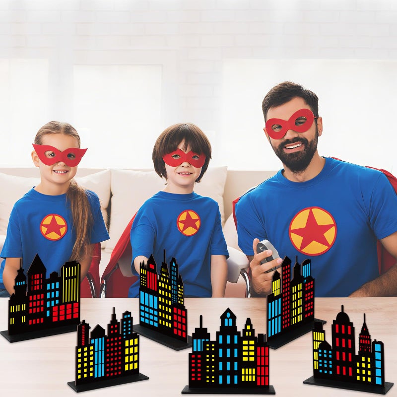 Oitnlaughter 6Pcs Hero Theme Party Decorations Skyscraper Wooden Centerpieces Colorful City Skyline Buildings Silhouette Table Decorations Sign Hero Cityscape Desk Decor for Comic Birthday Baby Shower Supplies - Image 5