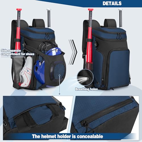 Smasrob Baseball Bag for Adult and Youth Baseball Backpack Softball Bag with Helmet Holder Shoe Compartment and Fence Hook Blue - Image 3