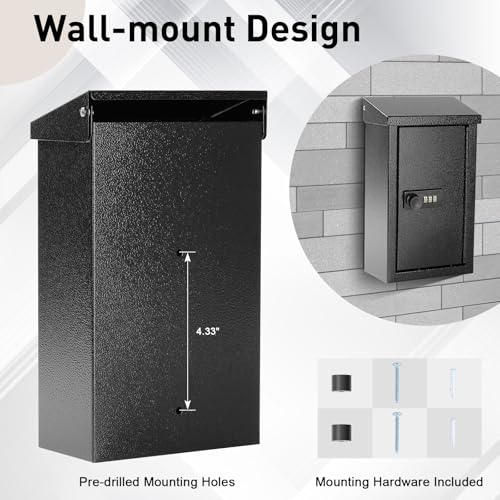 xydled Wall-Mounted Key Drop Box with Combination Lock, Metal Mailbox, Indoor&Outdoor Storage Box, Hanging Secured Postbox, for Home & Business Use, 5.5X 3.0X 9.8 inch, Black - Image 4