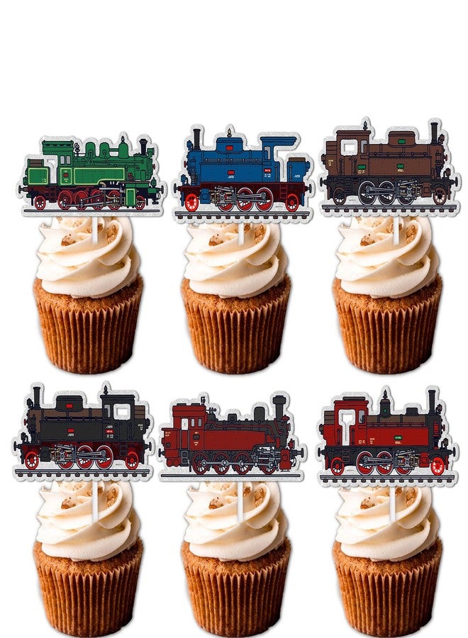 LETLIMIT 18pcs Glitter Steam Train Dessert Cupcake Topper Transportation Train Railroad Crossing Theme Decor Supplies Baby Shower Children Boy Girl Happy Birthday Party Decorations - Image 1