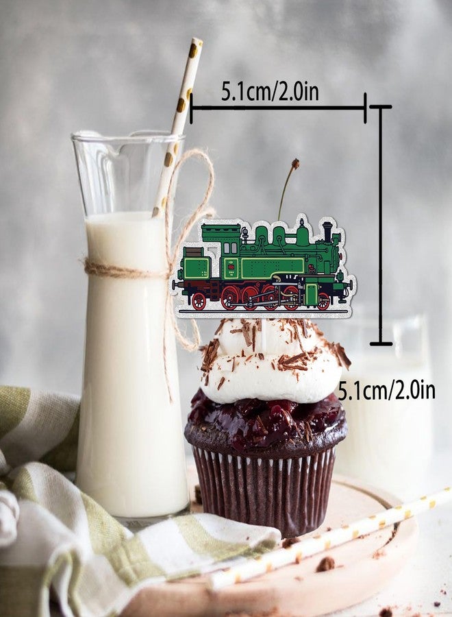 LETLIMIT 18pcs Glitter Steam Train Dessert Cupcake Topper Transportation Train Railroad Crossing Theme Decor Supplies Baby Shower Children Boy Girl Happy Birthday Party Decorations - Image 2