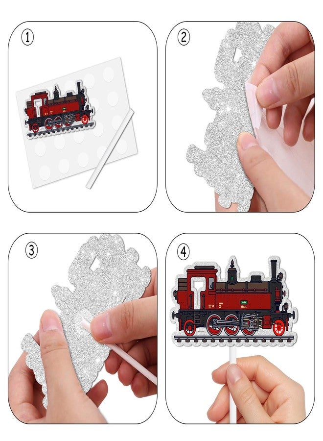 LETLIMIT 18pcs Glitter Steam Train Dessert Cupcake Topper Transportation Train Railroad Crossing Theme Decor Supplies Baby Shower Children Boy Girl Happy Birthday Party Decorations - Image 4