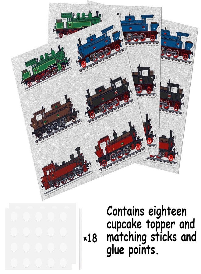 LETLIMIT 18pcs Glitter Steam Train Dessert Cupcake Topper Transportation Train Railroad Crossing Theme Decor Supplies Baby Shower Children Boy Girl Happy Birthday Party Decorations - Image 3