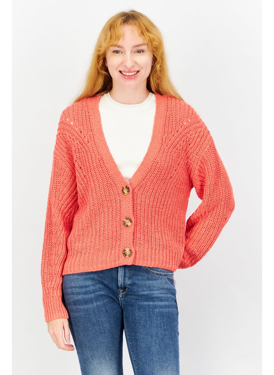ESPRIT Women Plunging Neck Knitted Sweater, Red  - Image 1
