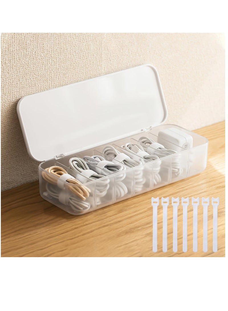 Excefore Cable Organizer Storage Box with 7 Wire Ties, Desktop Cable Management Box with Lid, Power Cord Organizer with 7 Compartments for Office, Home, Desk Accessories Storage Stationery Supplies White  - Image 1