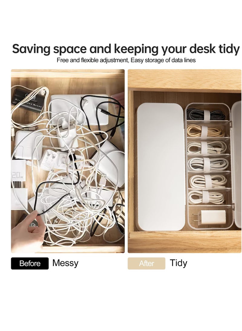 Excefore Cable Organizer Storage Box with 7 Wire Ties, Desktop Cable Management Box with Lid, Power Cord Organizer with 7 Compartments for Office, Home, Desk Accessories Storage Stationery Supplies White  - Image 3