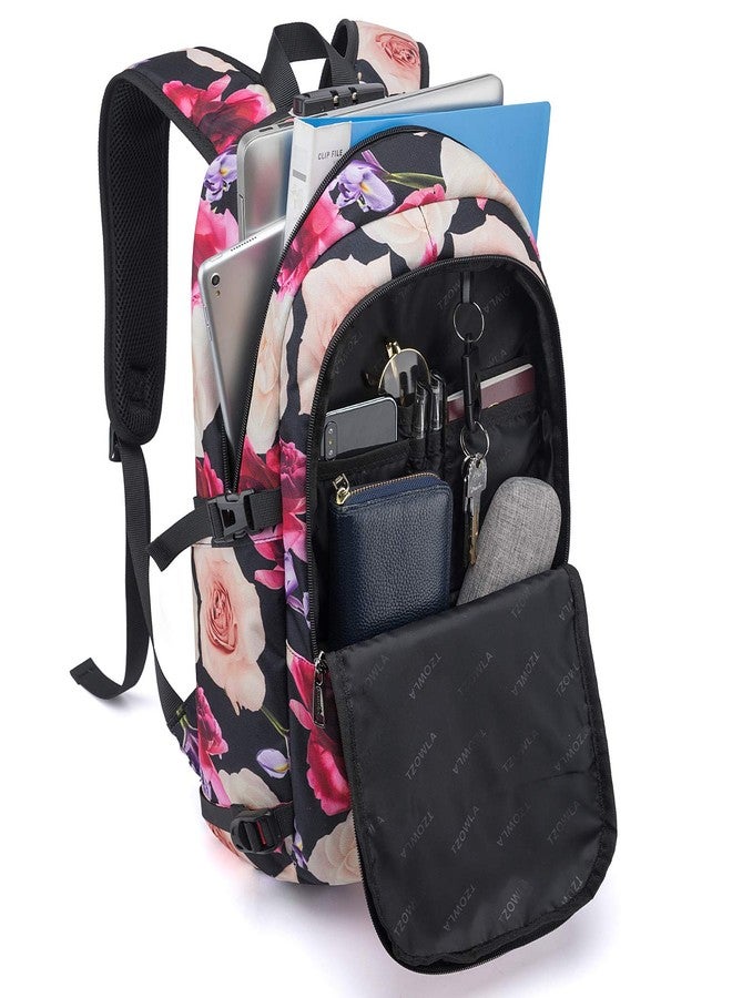 Tzowla Business Laptop Backpack Water Resistant Anti-Theft College Backpack with USB Charging Port and Lock 15.6 Inch Computer Backpacks for Women Men, Casual Hiking Travel Daypack (A-Flower) - Image 2