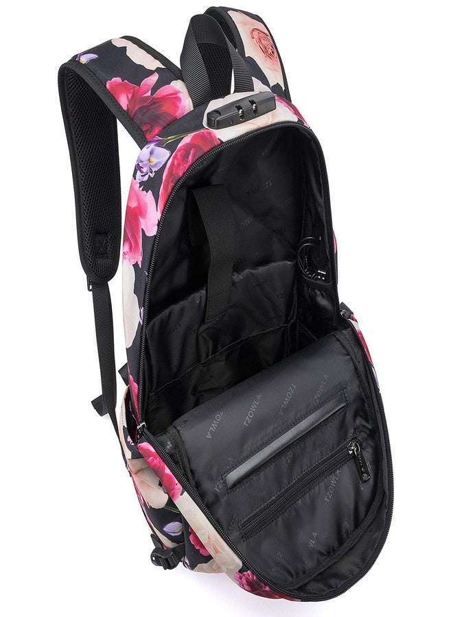 Tzowla Business Laptop Backpack Water Resistant Anti-Theft College Backpack with USB Charging Port and Lock 15.6 Inch Computer Backpacks for Women Men, Casual Hiking Travel Daypack (A-Flower) - Image 3