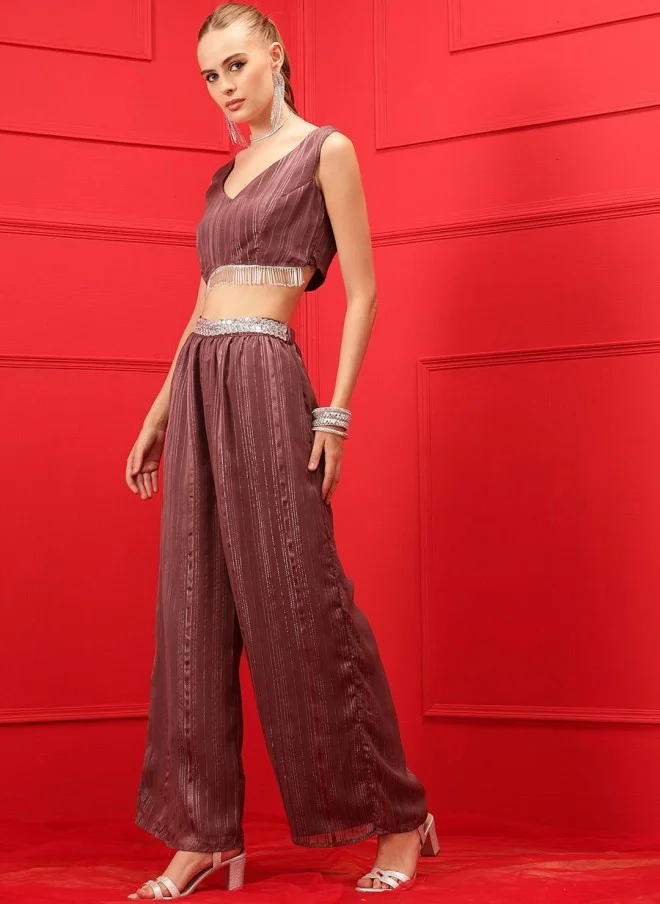 Indo Street Burgundy Striped Top & Palazzo Set for Women