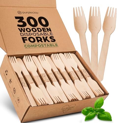 PURPLECLAY Wooden Disposable Forks 300 PCS FSC Certified Wood Compostable Forks EcoFriendly Compostable Utensils for Party PlasticFree Wood Utensil Bamboo Utensils Alternative Fork for Eating