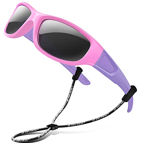RIVBOS Kids (Age 3-8) Sunglasses Polarized UV Protection Flexible Rubber Glasses Shades with Strap for Boys Girls RBK037-Pink,Black Polarized Lens - Image 1