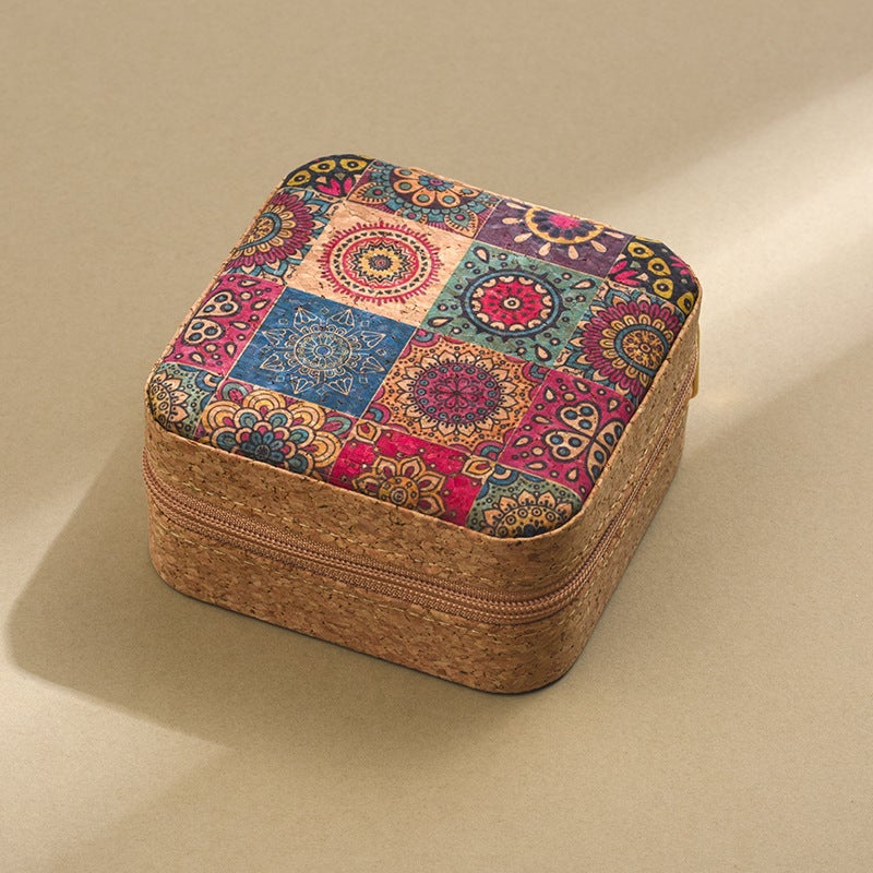 Portable Cork Jewelry Organizer Box Travel Case for Earrings Rings Necklace Storage with Zipper - Image 1
