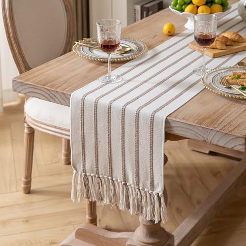 Caflife Boho Table Runner 90 Inchs Long Taupe and Beige, Cotton and Linen Woven with Tassels, for Modern Rustic Farmhouse Neutral Table Runners, Bohemian Kitchen Dining Table Home Decor - Image 2