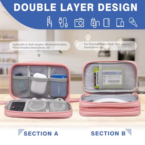 CAAORDKSO Electronic Cable Organizer Bag, Travel Electronic Accessories Carry Case Portable Waterproof Double Layers Storage Bag for Cable, Cord, Charger, Power Bank, Earphone (Light Pink, Medium) - Image 4