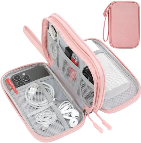 CAAORDKSO Electronic Cable Organizer Bag, Travel Electronic Accessories Carry Case Portable Waterproof Double Layers Storage Bag for Cable, Cord, Charger, Power Bank, Earphone (Light Pink, Medium) - Image 1