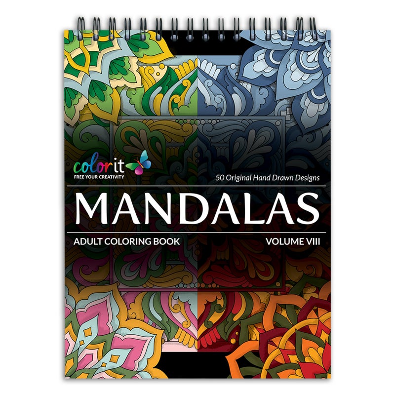 ColorIt Mandalas to Color, Volume VIII Adult Coloring Book 50 Floral and Geometric Mandala Patterns and Designs, Spiral Binding, USA Printed, Lay Flat Hardback Book Cover, Ink Blotter - Image 1