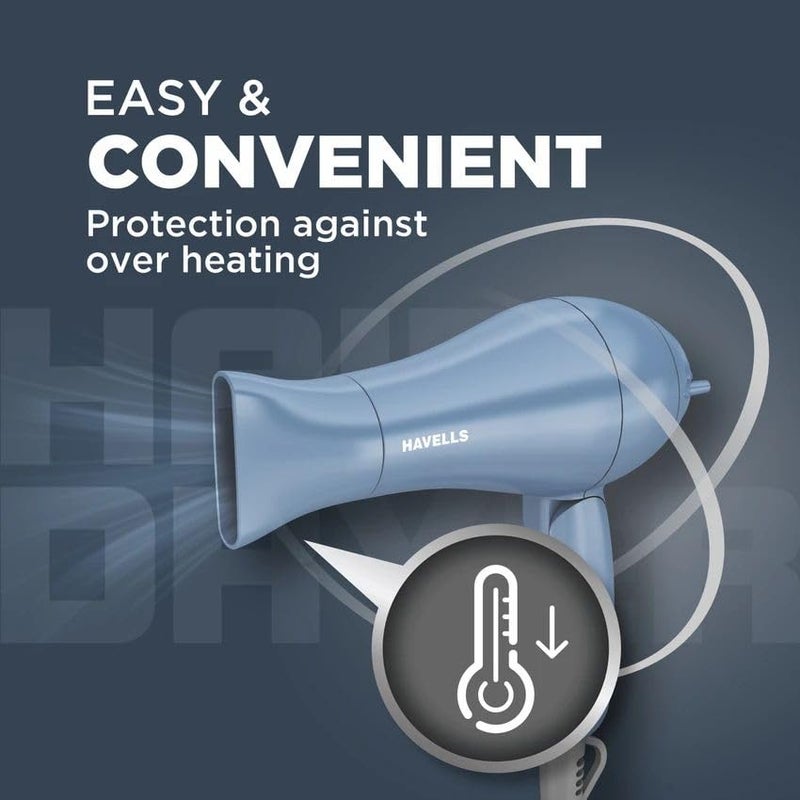 Havells مجفف شعر قابل للطي 1000 واط | إعدادات حرارة 2 (ساخن/دافئ) | تقنية توازن الحرارة | أزرق باستيلي | رفيقك المثالي لتجفيف الشعر بسهولة | HD1835 - Image 3