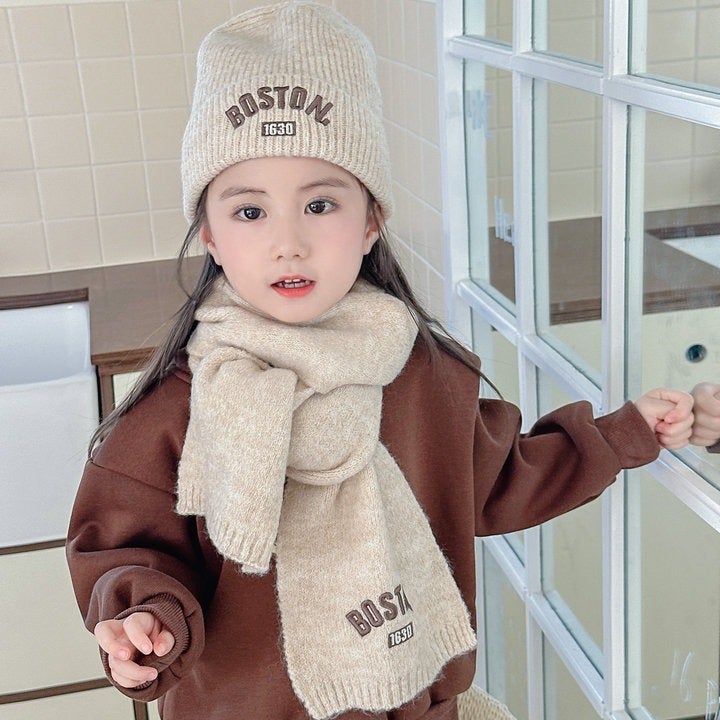 Korean Autumn Winter Kids Embroidered Scarf Set Pink suit - Image 5