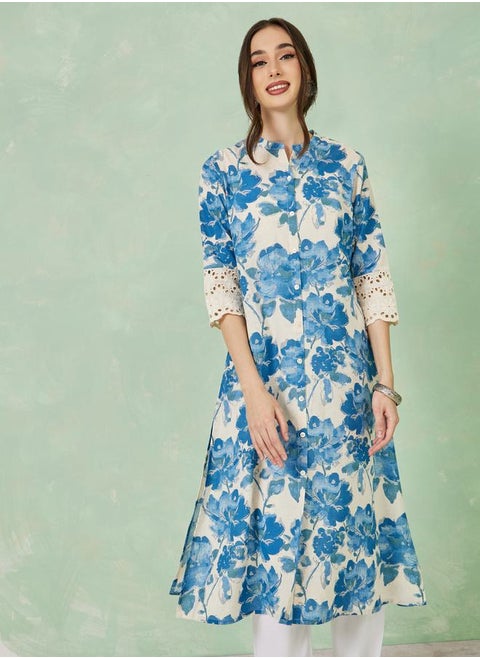 Floral Print Schiffli Sleeve Cotton A-Line Kurta