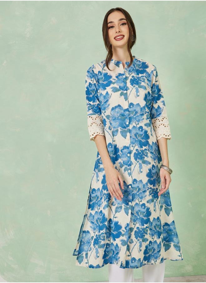 Styli - Floral Print Schiffli Sleeve Cotton A-Line Kurta - Image 1