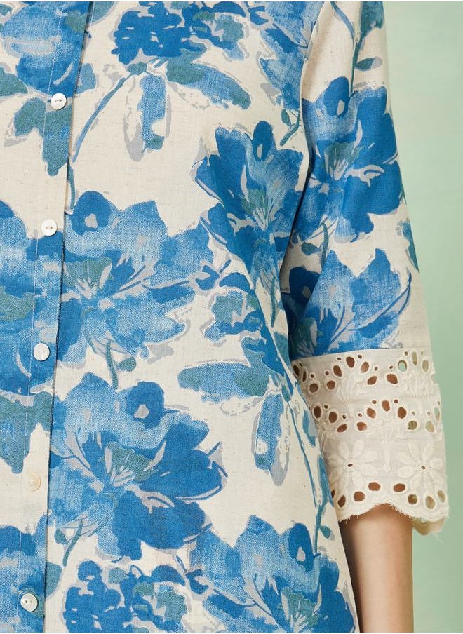 Styli - Floral Print Schiffli Sleeve Cotton A-Line Kurta - Image 1