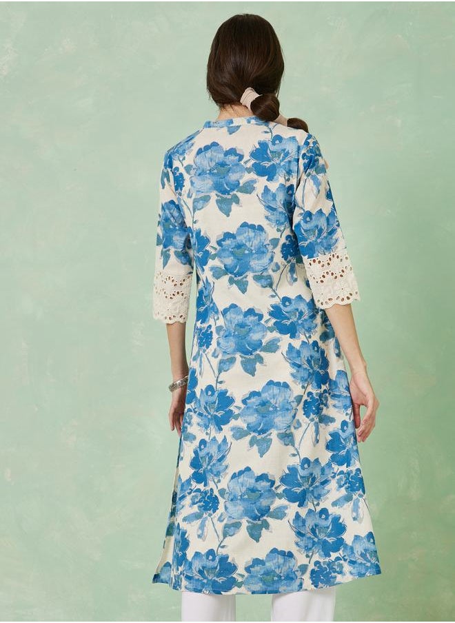 Styli - Floral Print Schiffli Sleeve Cotton A-Line Kurta - Image 1