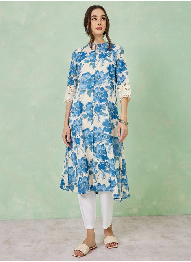 Styli - Floral Print Schiffli Sleeve Cotton A-Line Kurta - Image 1
