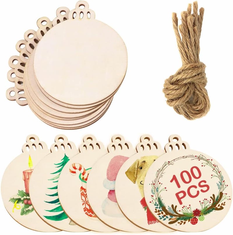 OurWarm 100pcs Wooden Ornaments for Crafts, 3.5inch DIY Christmas Ornaments to Paint, Unfinished Round Wood Slices Christmas Crafts for Hanging Xmas Tree Decorations - Image 1