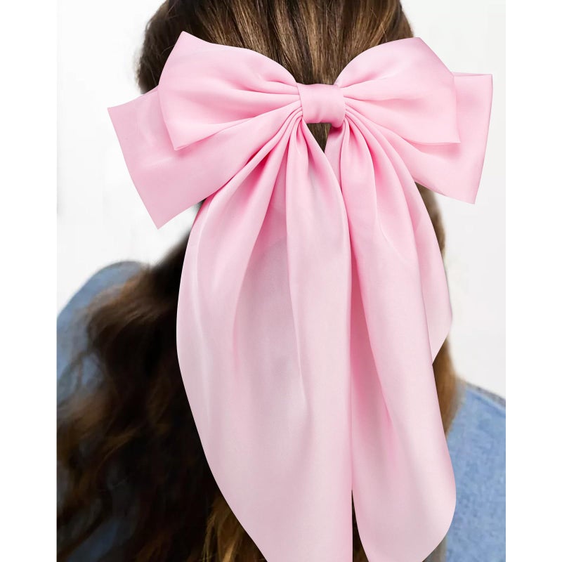 Velscrun 3Pcs Hair Bows for Women Pink Hair Bow Big Hair Bows Clips for Girls Silky Satin Large Hair Ribbons Oversized Long Tail Hair Bows Hair Barrettes Hair Accessories Christmas Gifts - Image 3