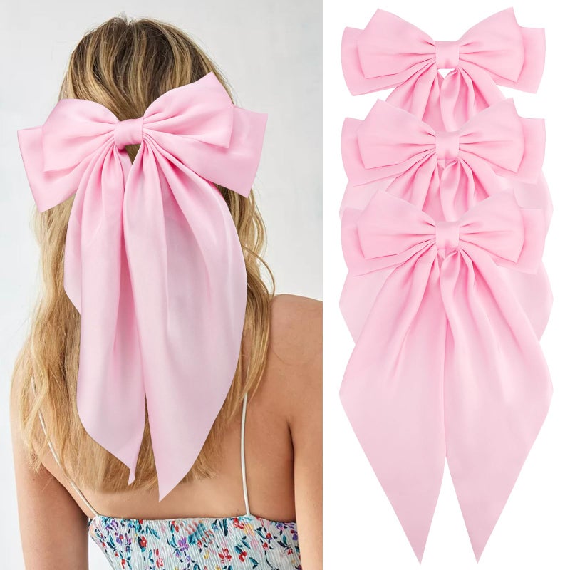 Velscrun 3Pcs Hair Bows for Women Pink Hair Bow Big Hair Bows Clips for Girls Silky Satin Large Hair Ribbons Oversized Long Tail Hair Bows Hair Barrettes Hair Accessories Christmas Gifts - Image 1