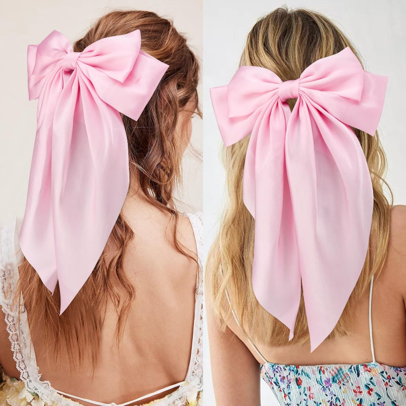 Velscrun 3Pcs Hair Bows for Women Pink Hair Bow Big Hair Bows Clips for Girls Silky Satin Large Hair Ribbons Oversized Long Tail Hair Bows Hair Barrettes Hair Accessories Christmas Gifts - Image 5