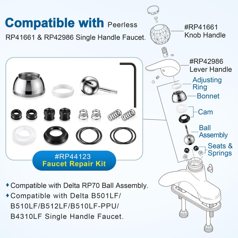 Avenuebool Faucet Repair Kit, Compatible with Delta/Peerless RP44123, Compatible with Delta/Peerless RP41661 and RP42986 Single Handle Faucet, Ball, Seats, Springs, Cam, Cap, Adjusting Ring and Bonnet - Image 3
