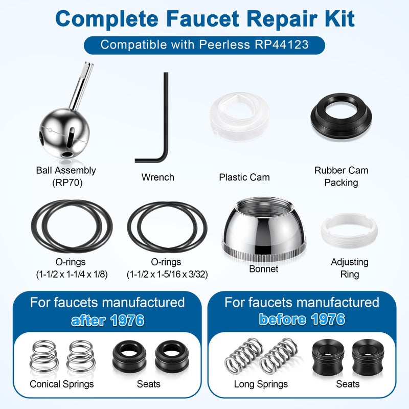 Avenuebool Faucet Repair Kit, Compatible with Delta/Peerless RP44123, Compatible with Delta/Peerless RP41661 and RP42986 Single Handle Faucet, Ball, Seats, Springs, Cam, Cap, Adjusting Ring and Bonnet - Image 2