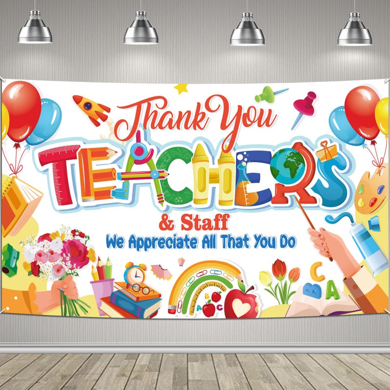 HOWAF Teacher Appreciation Week Backdrop Banner School Classroom Decorations Thank You Teachers Staff We Appreciate You Background Banner for Teachers Day Supplies Thank You Teachers Hanging Sign
