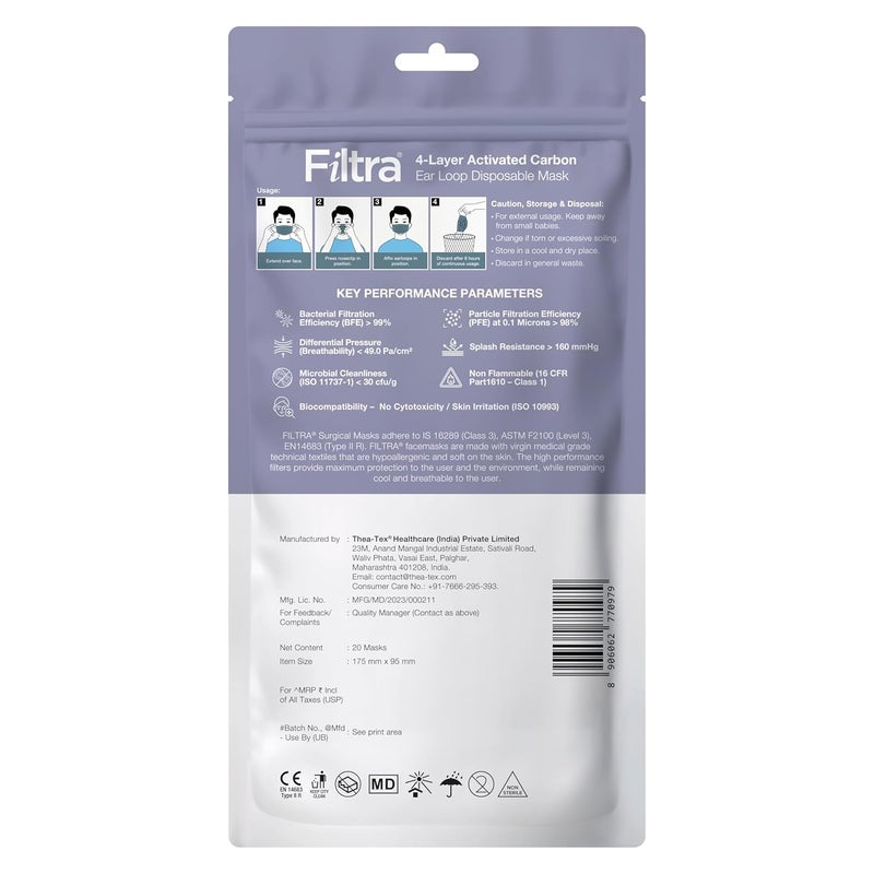 Filtra ® 4-Ply Ear Loop Activated Carbon Mask - High Filtration | Breathable | Adsorbs Smells | Hypoallergenic | Fluid Repellent | Improved & Enhanced Courier Packing - Image 2
