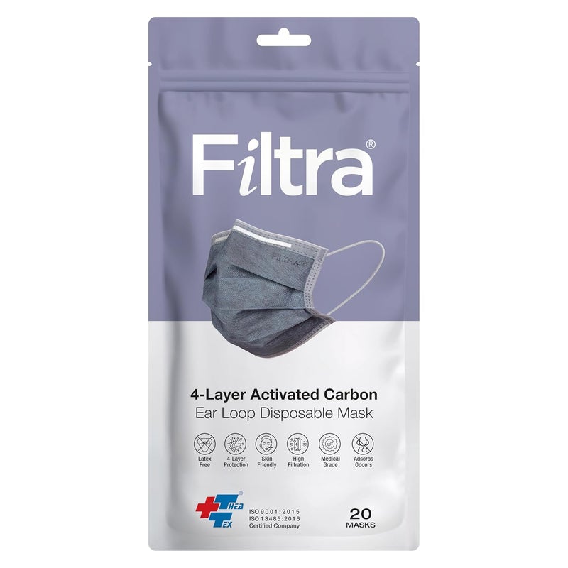 Filtra ® 4-Ply Ear Loop Activated Carbon Mask - High Filtration | Breathable | Adsorbs Smells | Hypoallergenic | Fluid Repellent | Improved & Enhanced Courier Packing - Image 1