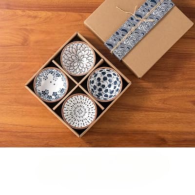 Agabani Japanese Asian Cuisine Bowl Set, Ceramic Bowl Serving for Snack, Soup, Dessert, Salad, Noodle, Pasta, Oatmeal, Rice, White and Blue Porcelain Bowls for Kitchen, Dinner Bowl Set of 4 - Image 1