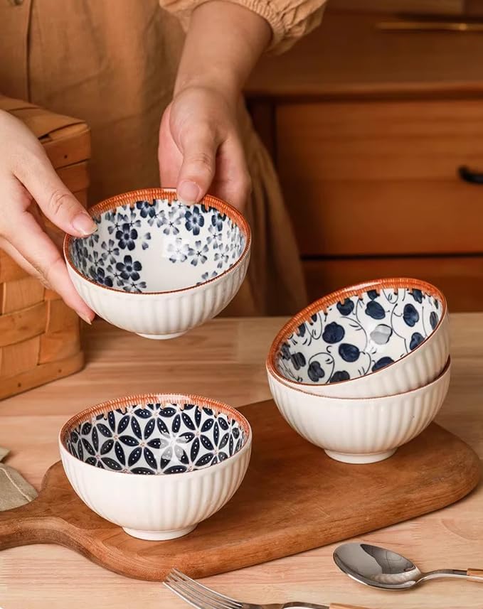 Agabani Japanese Asian Cuisine Bowl Set, Ceramic Bowl Serving for Snack, Soup, Dessert, Salad, Noodle, Pasta, Oatmeal, Rice, White and Blue Porcelain Bowls for Kitchen, Dinner Bowl Set of 4 - Image 2