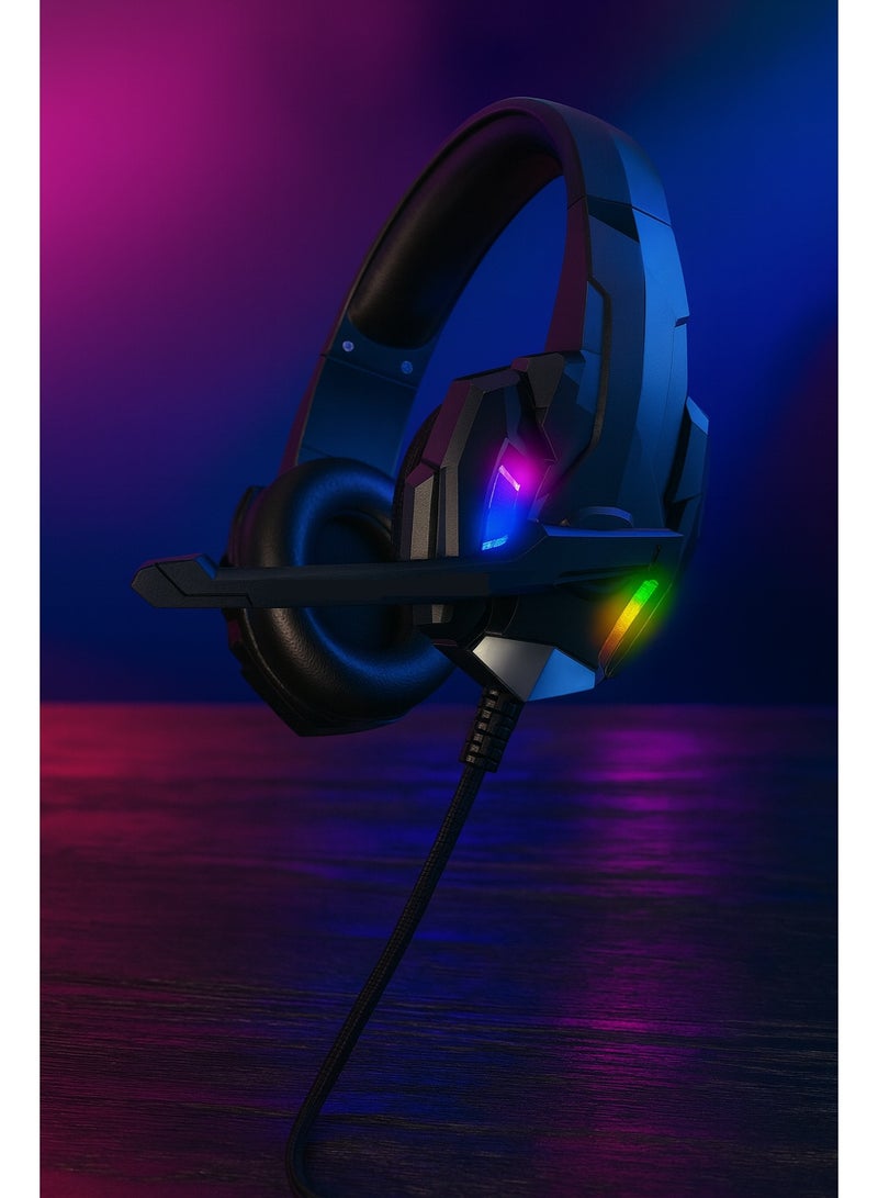 سماعة رأس احترافية G9000 سلكية بإضاءة LED وصوت ستيريو 40مم مع مايكروفون عالي الحساسية ومنفذ USB و3.5مم- لون اسود - Image 5