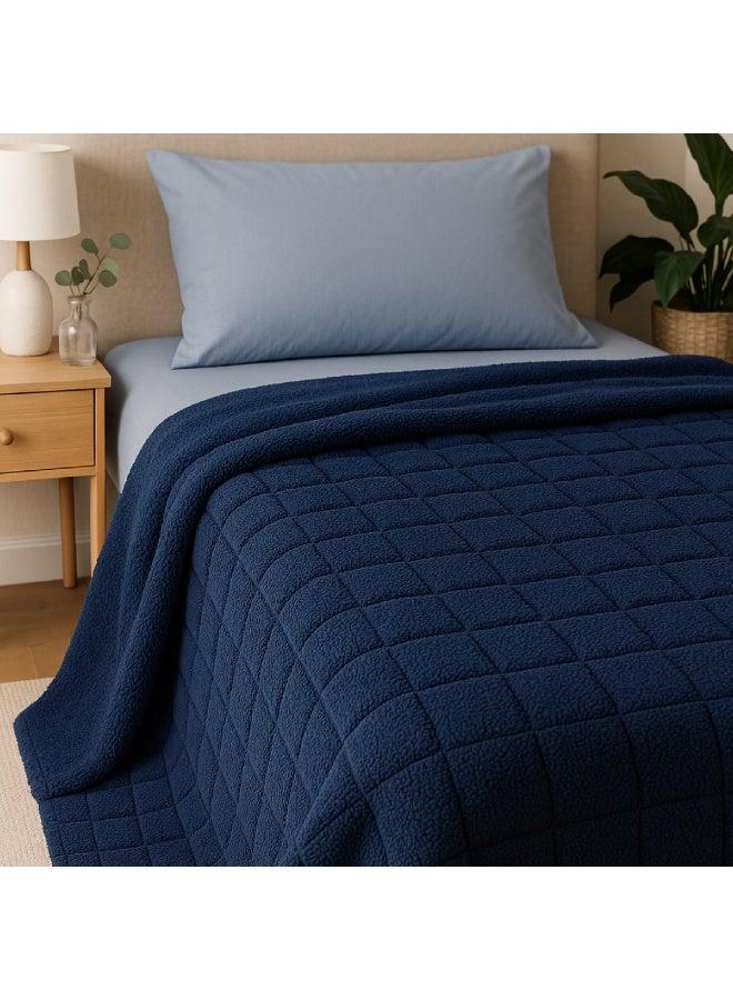 ELEGA DECOR Jacquard Sherpa Blanket Double Flannel Fleece Reversible Blanket Warm and Plush Throw Blanket 200 x 220 cm Square Embossed Navy Blue - Image 1