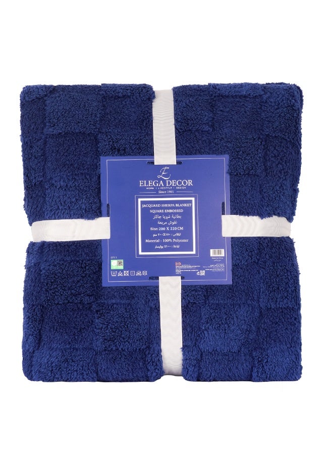 ELEGA DECOR Jacquard Sherpa Blanket Double Flannel Fleece Reversible Blanket Warm and Plush Throw Blanket 200 x 220 cm Square Embossed Navy Blue - Image 3