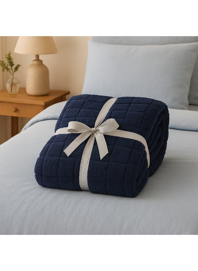 ELEGA DECOR Jacquard Sherpa Blanket Double Flannel Fleece Reversible Blanket Warm and Plush Throw Blanket 200 x 220 cm Square Embossed Navy Blue - Image 2