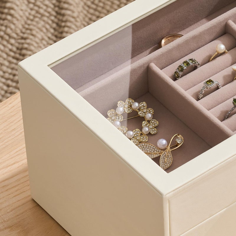 pickpiff Jewelry Box Organizer Case for Women: 4-Layer Jewelry Storage Case with Glass Window, Ivory Leather with Pink Velvet, Holder for Ring Necklace Bracelet Brooch Watch, Great Gift for Her - Image 3