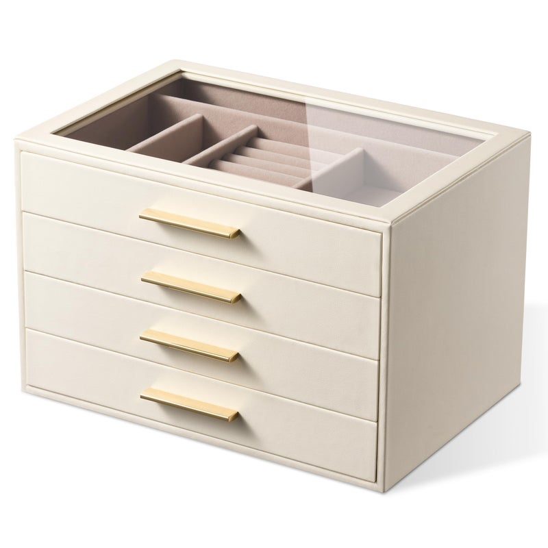 pickpiff Jewelry Box Organizer Case for Women: 4-Layer Jewelry Storage Case with Glass Window, Ivory Leather with Pink Velvet, Holder for Ring Necklace Bracelet Brooch Watch, Great Gift for Her - Image 1