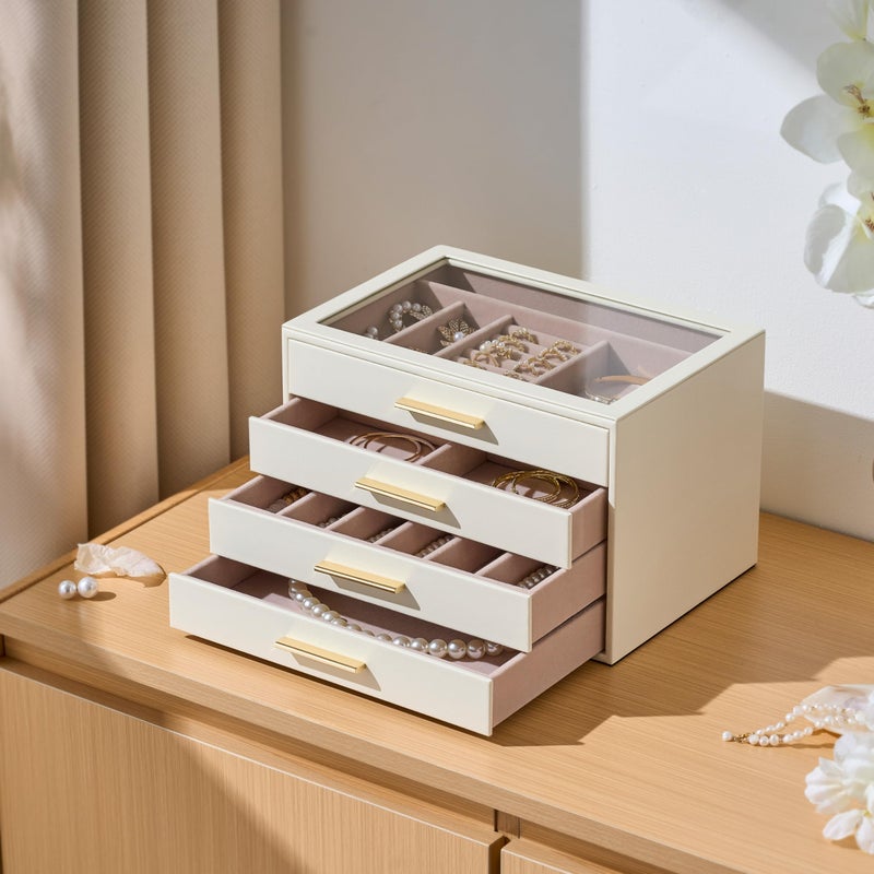 pickpiff Jewelry Box Organizer Case for Women: 4-Layer Jewelry Storage Case with Glass Window, Ivory Leather with Pink Velvet, Holder for Ring Necklace Bracelet Brooch Watch, Great Gift for Her - Image 5