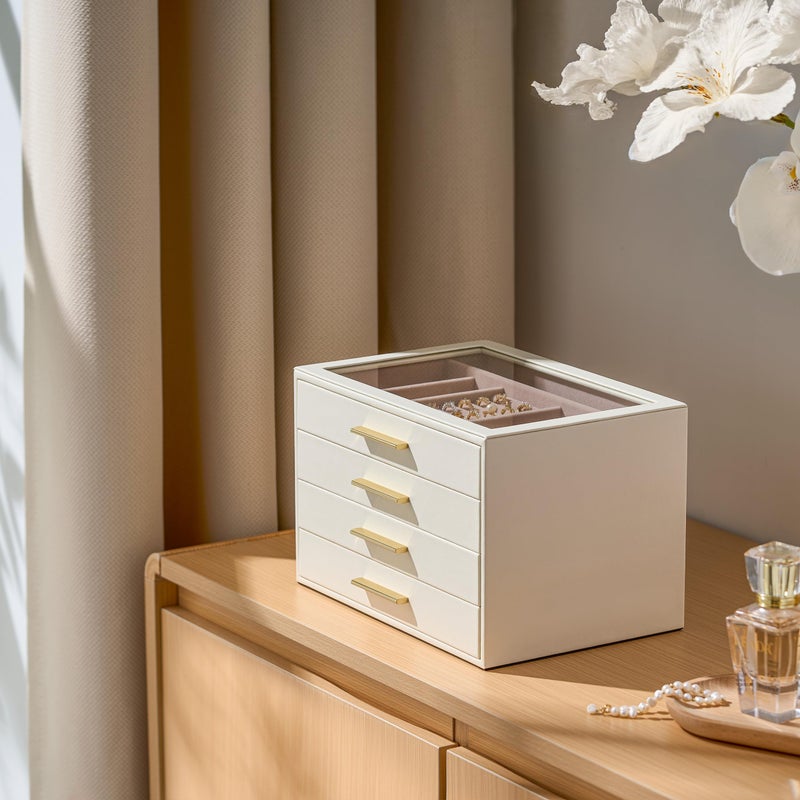 pickpiff Jewelry Box Organizer Case for Women: 4-Layer Jewelry Storage Case with Glass Window, Ivory Leather with Pink Velvet, Holder for Ring Necklace Bracelet Brooch Watch, Great Gift for Her - Image 4