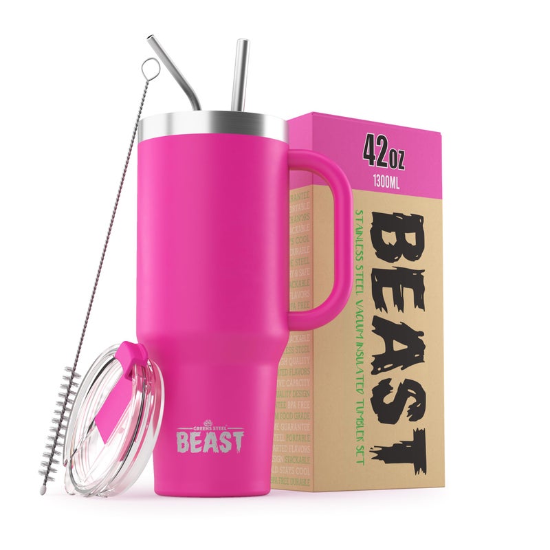 Greens Steel Beast 42 oz Tumbler Stainless Steel Vacuum Insulated Coffee Ice Cup Double Wall Travel Flask (Cupcake Pink)  - Image 1