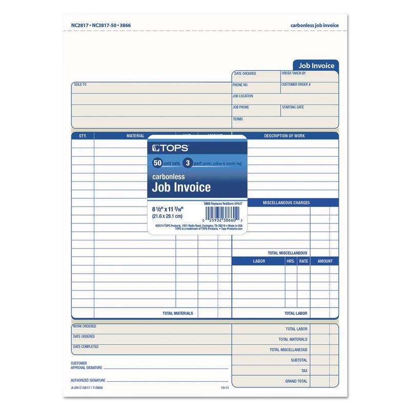 TOPS Job Invoice with Materials List, 3-Part, Carbonless, 8.5 x 11 Inches, 50 Sets per Pack (3866) - Image 2